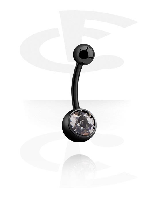 Curved Barbells, Belly button ring (surgical steel, black, shiny finish) with crystal stone, Surgical Steel 316L
