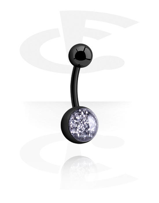 Curved Barbells, Belly button ring (surgical steel, black, shiny finish) with glitter, Black Surgical Steel 316L