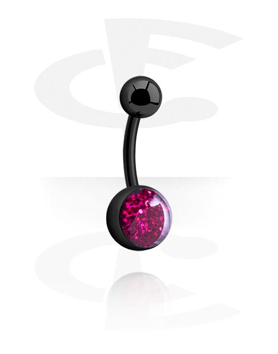 Curved Barbells, Belly button ring (surgical steel, black, shiny finish) with glitter, Black Surgical Steel 316L