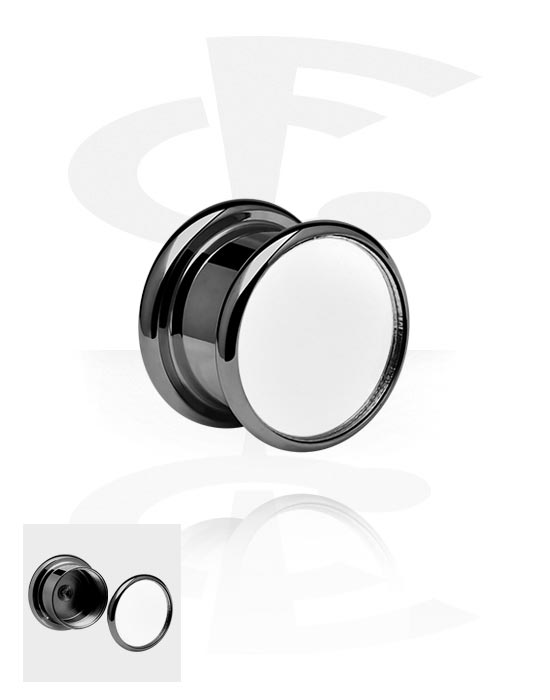 Tunnels & Plugs, Double flared plug (surgical steel, black, shiny finish) with secret compartment and mirror front, Surgical Steel 316L