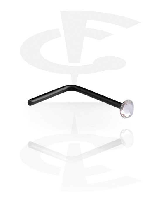 Nesestaver og -ringer, L-formet nesedobb (kirurgisk stål, svart, skinnende finish) med krystallstein, Kirurgisk stål 316L
