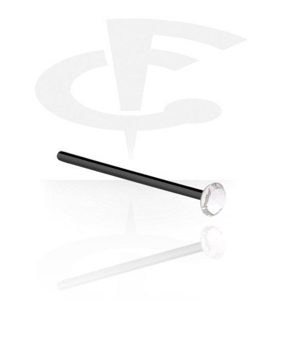 Nose Jewellery & Septums, Straight nose stud (surgical steel, black, shiny finish) with crystal stone, Surgical Steel 316L
