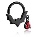 Anéis piercing, Continuous ring (aço cirúrgico, preto, acabamento brilhante) com design de morcego e pedra de cristal, Aço cirúrgico 316L