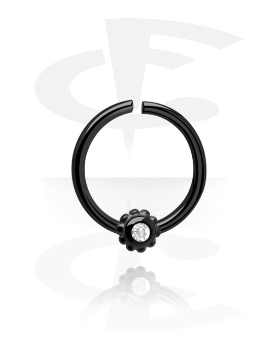 Piercing Rings, Continuous ring (surgical steel, black, shiny finish) with crystal stone, Black Surgical Steel 316L, Surgical Steel 316L