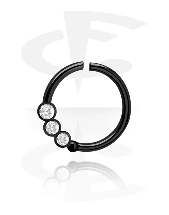 Anéis piercing, Continuous ring (aço cirúrgico, preto, acabamento brilhante) com pedras de cristal, Aço cirúrgico preto 316L, Aço cirúrgico 316L