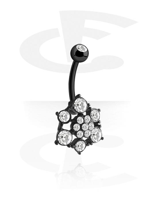 Buede stave, Navlering (kirurgisk stål, sort, blank finish) med blomsterfront og krystaller, Kirurgisk stål 316L