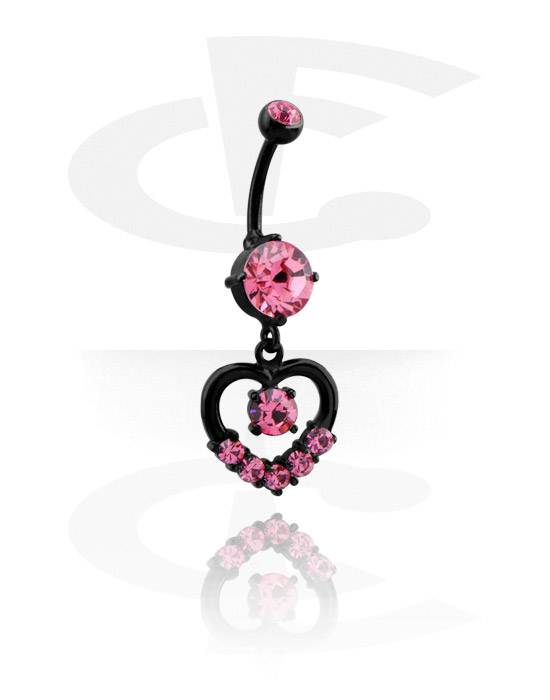 Curved Barbells, Belly button ring (surgical steel, black, shiny finish) with heart attachment and crystal stones, Surgical Steel 316L