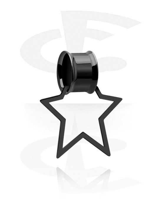 Tunnels & Plugs, Double flared tunnel (surgical steel, black, shiny finish) with star-shaped creole, Surgical Steel 316L