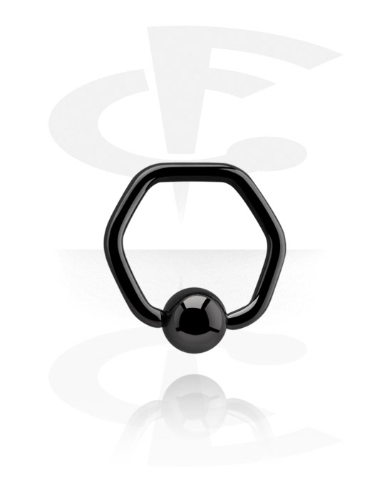 Anéis piercing, Ball closure ring hexagonal (aço cirúrgico, preto, acabamento brilhante), Aço cirúrgico preto 316L