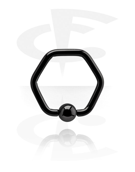 Alke za piercing, Prsten s kuglicom u obliku šesterokuta (kirurški čelik, crna, sjajna završna obrada), Crni kirurški čelik 316L
