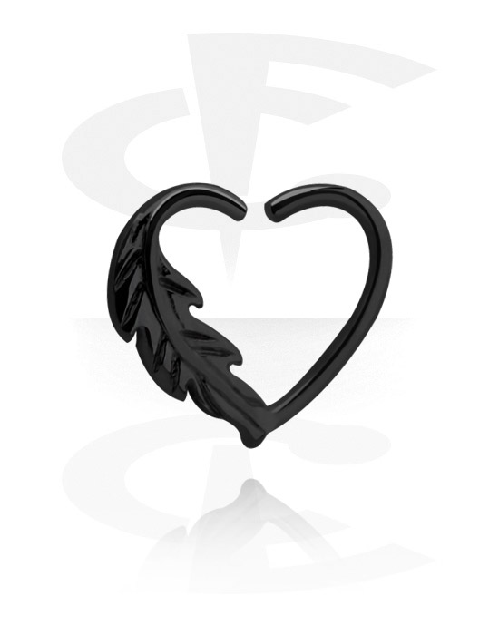 Piercing Rings, Heart-shaped continuous ring (surgical steel, black, shiny finish) with leaf design, Surgical Steel 316L