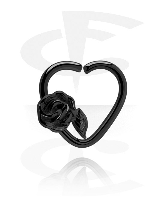 Piercing Rings, Heart-shaped continuous ring (surgical steel, black, shiny finish) with rose design, Surgical Steel 316L