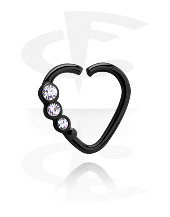 Piercing Rings, Heart-shaped continuous ring (surgical steel, black, shiny finish) with crystal stones, Surgical Steel 316L