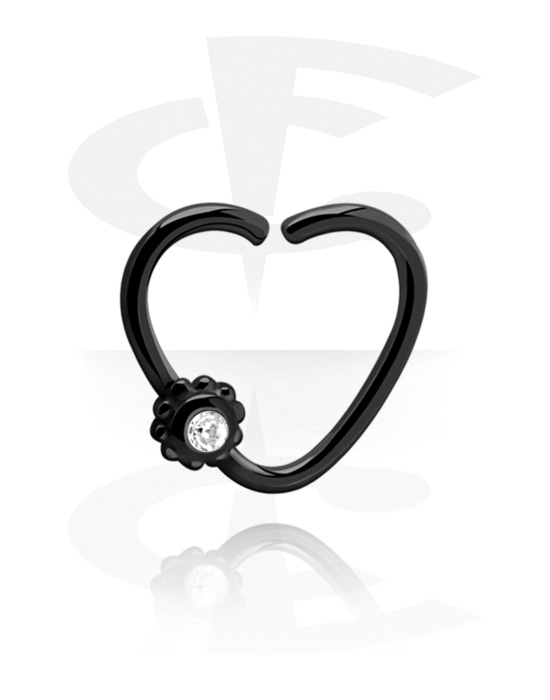 Piercing Rings, Heart-shaped continuous ring (surgical steel, black, shiny finish) with crystal stone, Surgical Steel 316L