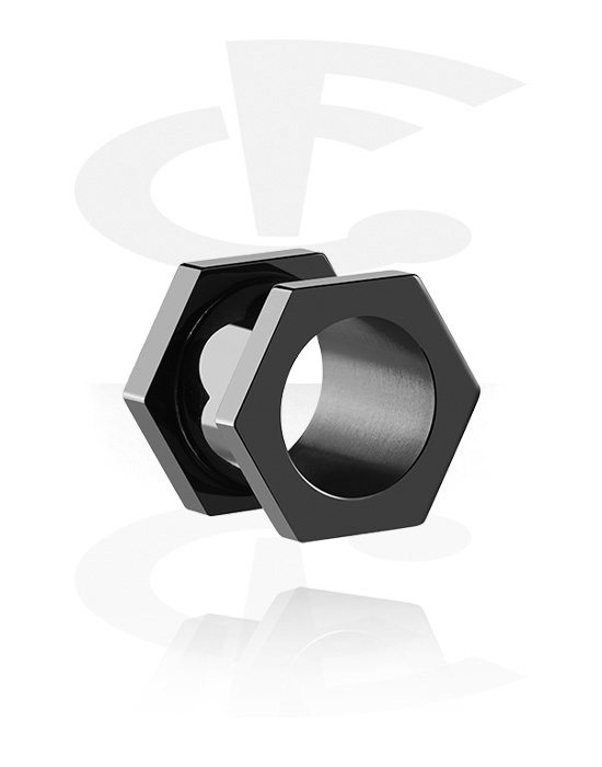 Tunnels & Plugs, Hexagon-shaped screw-on tunnel (surgical steel, black, shiny finish), Surgical Steel 316L