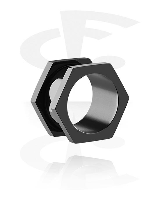 Alagutak és dugók, Hexagon-shaped screw-on tunnel (surgical steel, black), Sebészeti acél, 316L