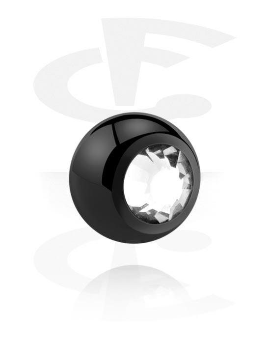 Boules, barres & plus, Boule pour barre à filetage de 1.2 mm (acier chirurgical, noir, finition brillante) avec pierres en cristal, Acier chirurgical 316L