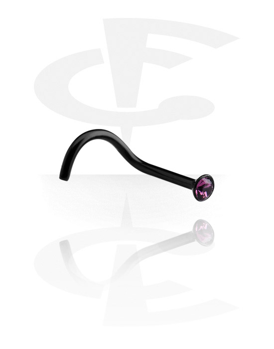 Nose Jewelry & Septums, Curved nose stud (surgical steel, black, shiny finish) with crystal stone, Surgical Steel 316L