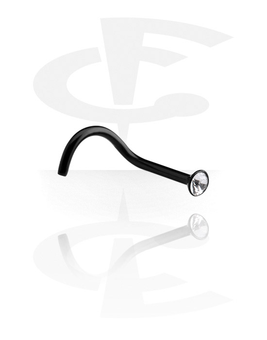 Nose Jewellery & Septums, Curved nose stud (surgical steel, black, shiny finish) with crystal stone, Surgical Steel 316L