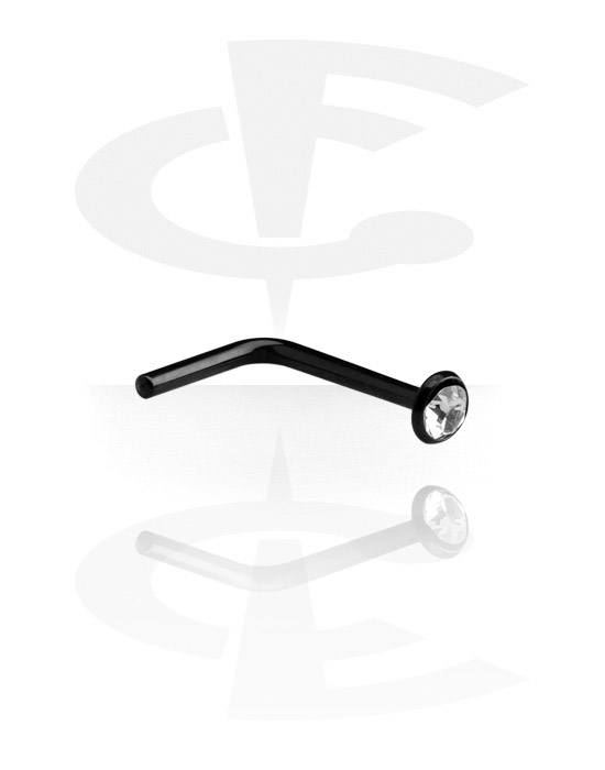 Nesestaver og -ringer, L-formet nesedobb (kirurgisk stål, svart, skinnende finish) med krystallstein, Kirurgisk stål 316L