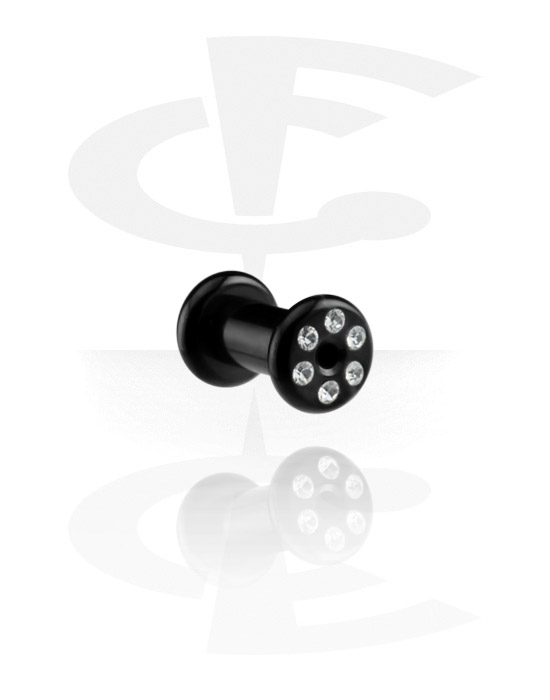 Tunnels & Plugs, Screw-on tunnel (surgical steel, black, shiny finish) with crystal stones, Surgical Steel 316L