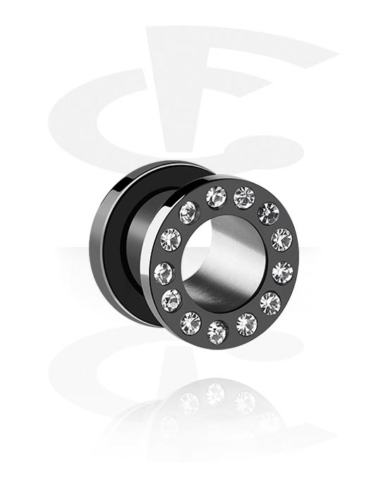 Tunnels & Plugs, Screw-on tunnel (surgical steel, black, shiny finish) with crystal stones, Surgical Steel 316L
