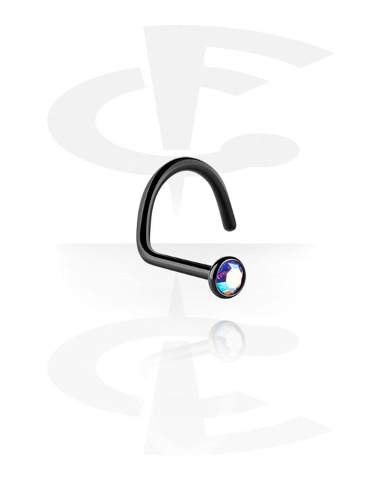 Nose Jewellery & Septums, Curved nose stud (surgical steel, black, shiny finish) with crystal stone, Surgical Steel 316L, Titanium