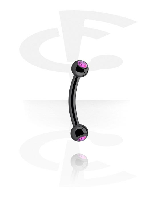 Curved Barbells, Banana (surgical steel, black, shiny finish) with crystal stones, Surgical Steel 316L