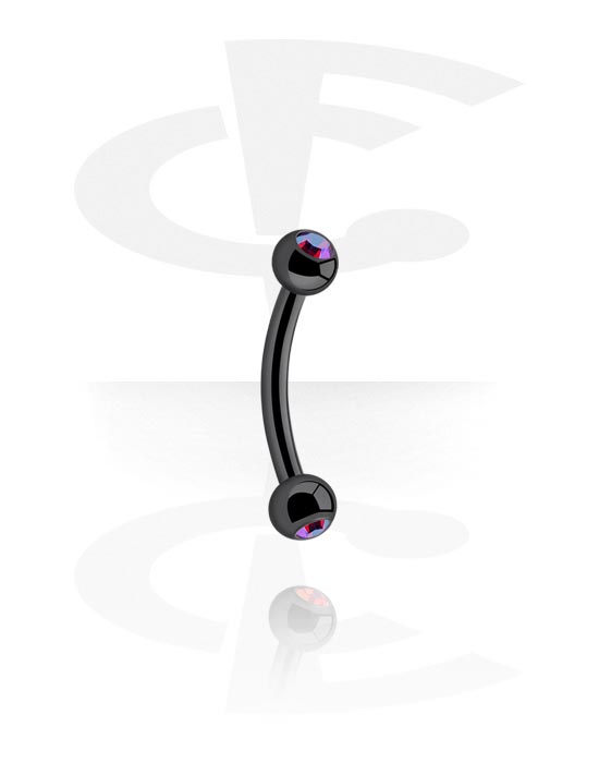 Curved Barbells, Banana (surgical steel, black, shiny finish) with crystal stones, Surgical Steel 316L