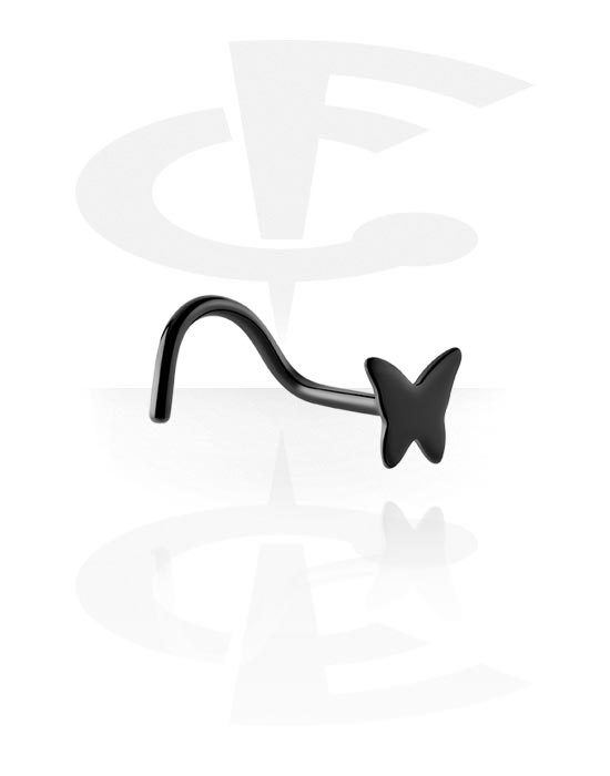 Nosovky a kroužky do nosu, Zahnutá nosovka (chirurgická ocel, černá, lesklý povrch) s designem motýl, Chirurgická ocel 316L