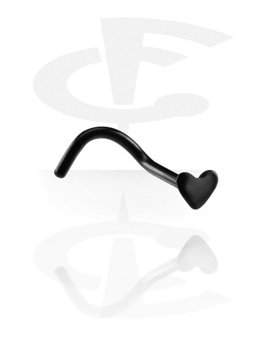 Nose Jewellery & Septums, Curved nose stud (surgical steel, black, shiny finish) with heart attachment, Surgical Steel 316L, Titanium
