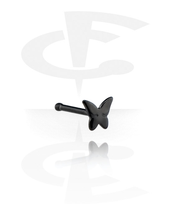 Nosovky a kroužky do nosu, Rovná nosovka (chirurgická ocel, černá, lesklý povrch) s designem motýl, Chirurgická ocel 316L