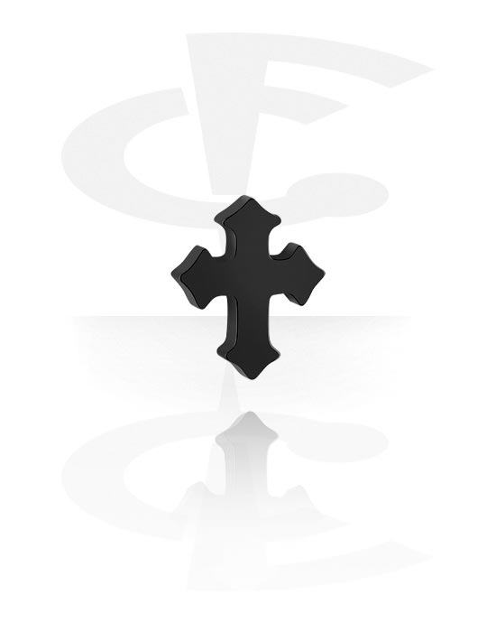 Kugler, stave m.m., Vedhæng til 1,6 mm stav med gevind (kirurgisk stål, sort, blank finish) med motiv med kors, Kirurgisk stål 316L
