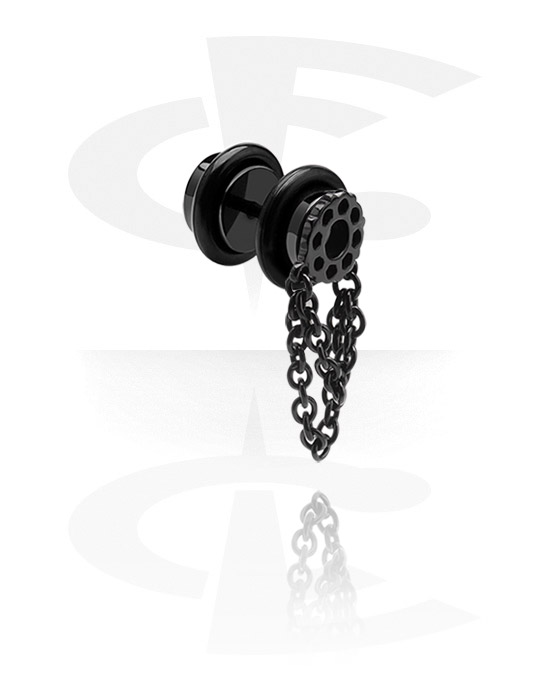 Imitacja biżuterii do piercingu, Black Fake Plug with Chain, Surgical Steel 316L