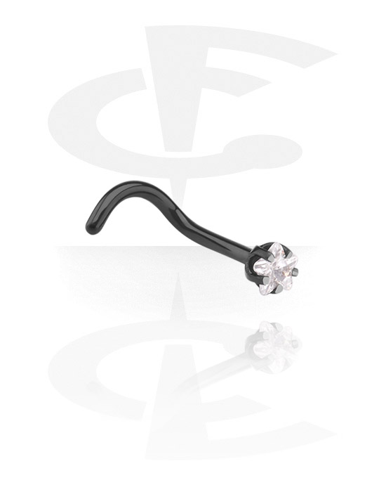 Nesestaver og -ringer, Buet nesedobb (kirurgisk stål, svart, skinnende finish) med krystallstein, Kirurgisk stål 316L