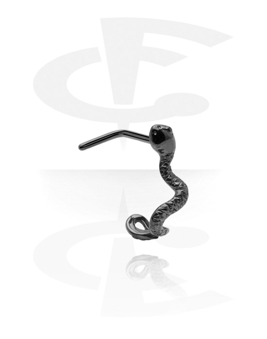 Nose Jewellery & Septums, L-shaped nose stud (surgical steel, black, shiny finish) with snake design, Surgical Steel 316L