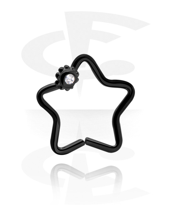Piercing Rings, Star-shaped continuous ring (surgical steel, black, shiny finish) with crystal stone, Surgical Steel 316L
