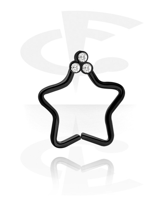 Piercing Rings, Star-shaped continuous ring (surgical steel, black, shiny finish) with crystal stones, Surgical Steel 316L