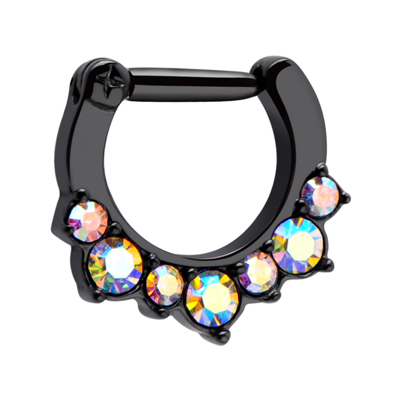 Septum clicker (acier chirurgical, noir, finition brillante) avec pierres en cristal Acier chirurgical 316L Piercings nez & Septums