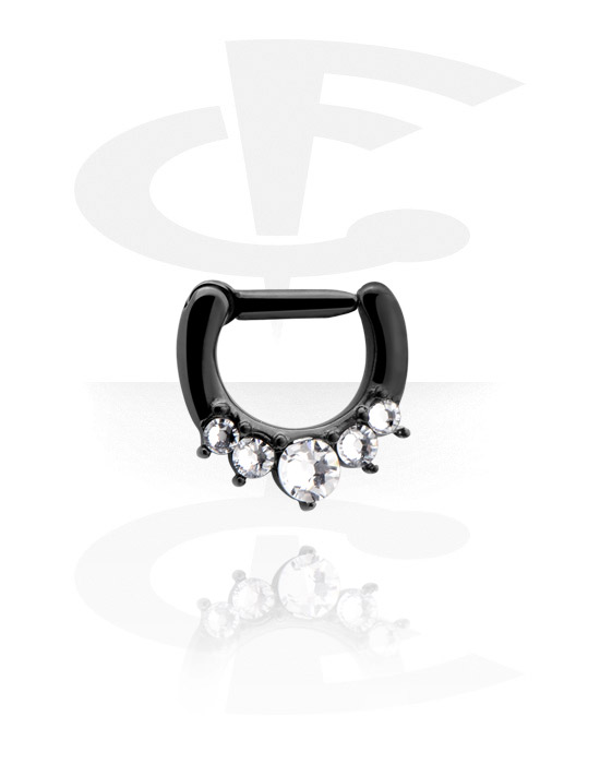 Piercings nez & Septums, Septum clicker (acier chirurgical, noir, finition brillante) avec pierres en cristal, Acier chirurgical 316L