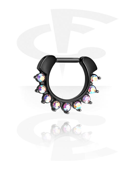 Nose Jewelry & Septums, Septum clicker (surgical steel, black, shiny finish) with crystal stones, Black Surgical Steel 316L