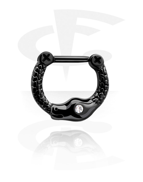 Nose Jewelry & Septums, Septum clicker (surgical steel, black, shiny finish) with snake and crystal stone, Surgical Steel 316L