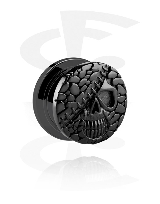 Tunnels & Plugs, Screw-on tunnel (surgical steel, black, shiny finish) with skull design, Surgical Steel 316L