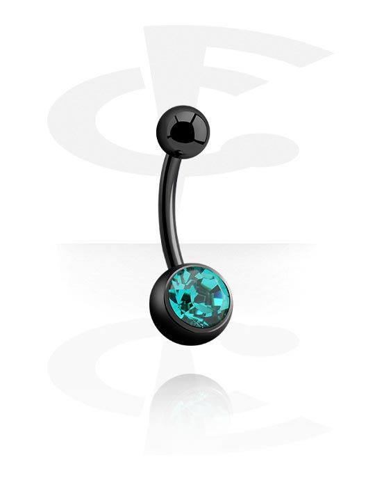Curved Barbells, Belly button ring (titanium, black, shiny finish) with crystal stone, Titanium