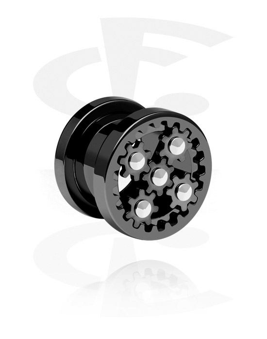 Tunnels & Plugs, Screw-on tunnel (surgical steel, black, shiny finish) with steampunk design, Surgical Steel 316L