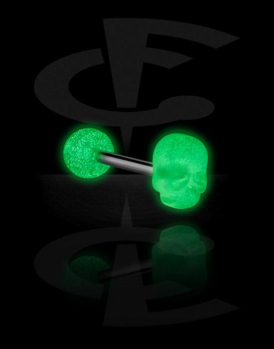 Barbells, "Glow in the Dark" Barbell with skull attachment, Surgical Steel 316L, Acrylic