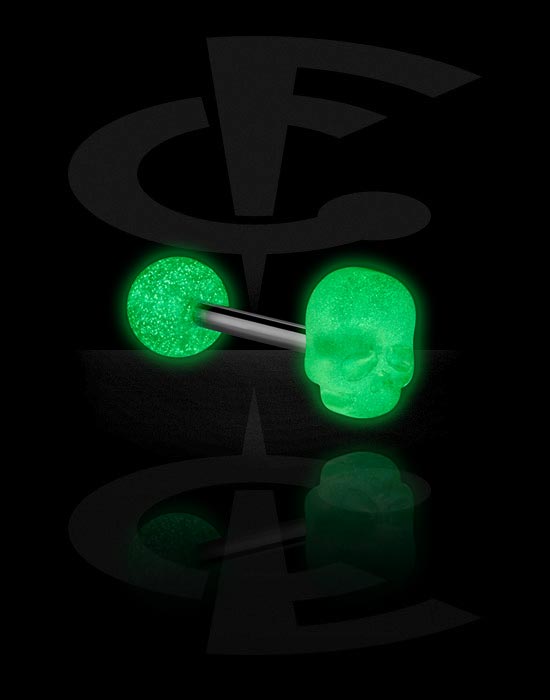 Barbells, "Glow in the Dark" Barbell with skull attachment, Surgical Steel 316L, Acrylic