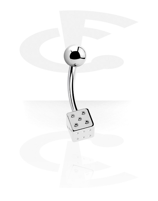 Curved Barbells, Belly button ring (surgical steel, silver, shiny finish) with dice attachment, Surgical Steel 316L