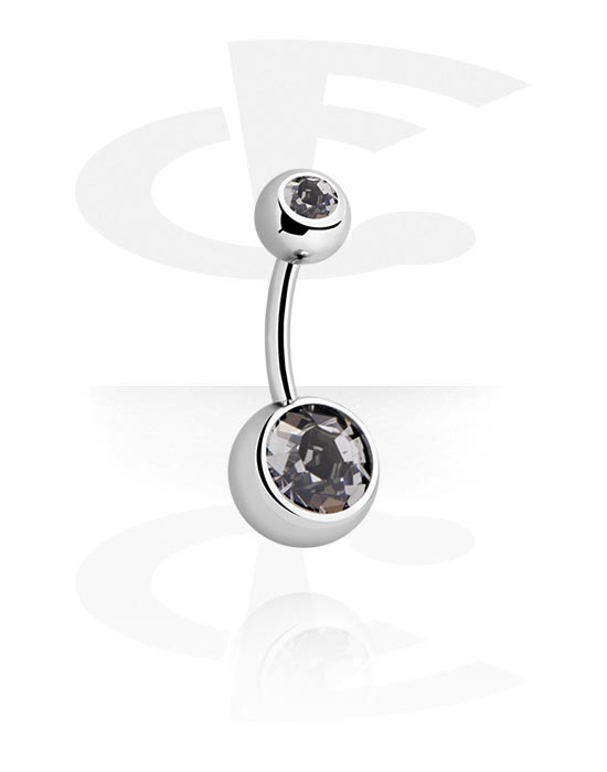 Zaobljene šipkice, Prsten za pupak (kirurški čelik, srebrna, sjajna završna obrada) s kuglama i kristalnim kamenjem, Kirurški čelik 316L