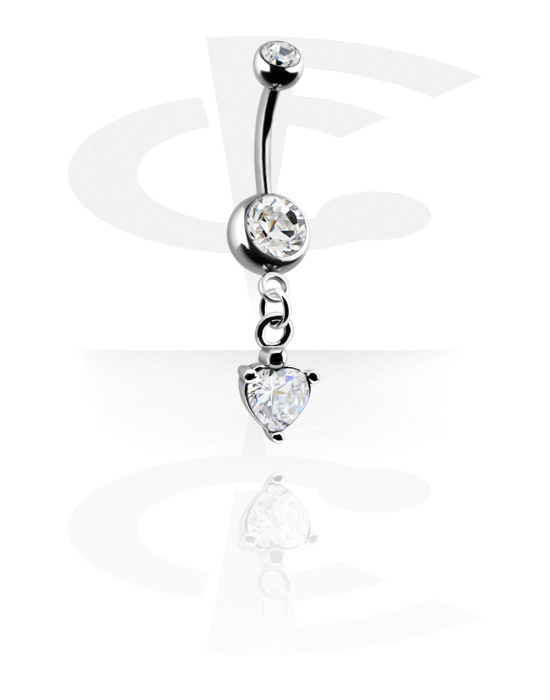 Curved Barbells, Belly button ring (surgical steel, silver, shiny finish) with heart charm and crystal stones, Surgical Steel 316L, Plated Brass